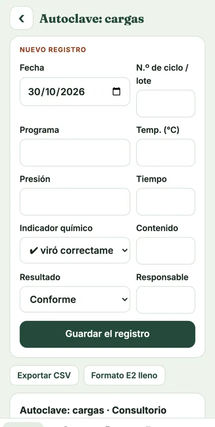 App: bitácora de cargas de autoclave