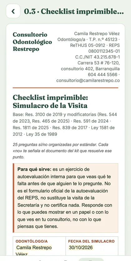 App: checklist del simulacro compilado con los datos del consultorio