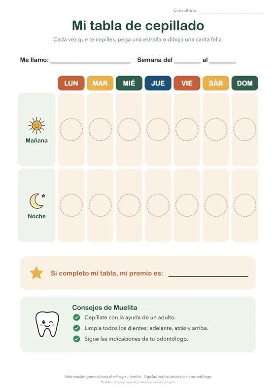 Tabla semanal de cepillado (mañana y noche)