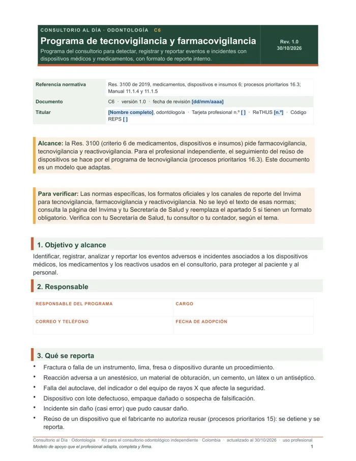 Programa de tecnovigilancia y farmacovigilancia (Word y PDF)