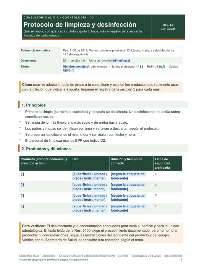 Protocolo de limpieza y desinfección (Word y PDF)