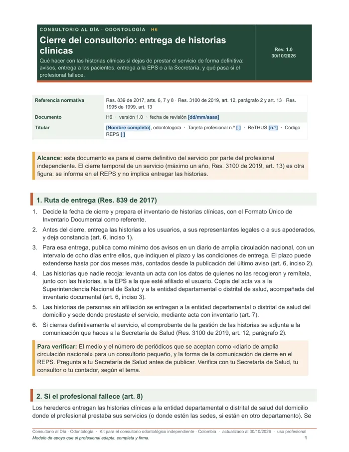 Cierre del consultorio: entrega de historias clínicas (Word y PDF)