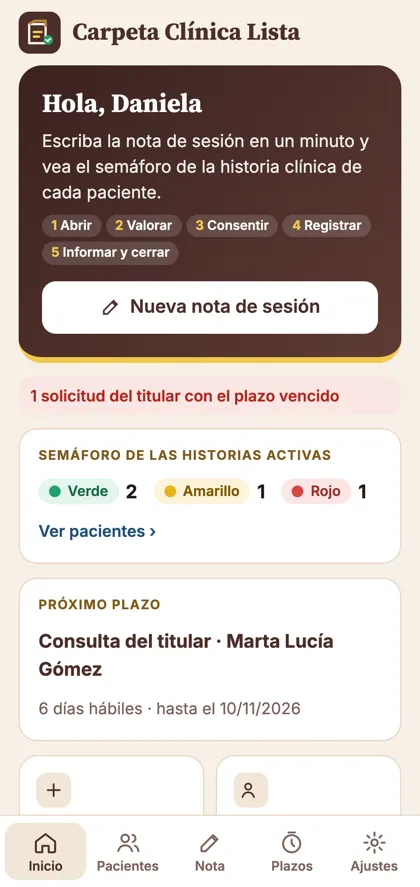 App: pantalla de inicio con el semáforo de los pacientes