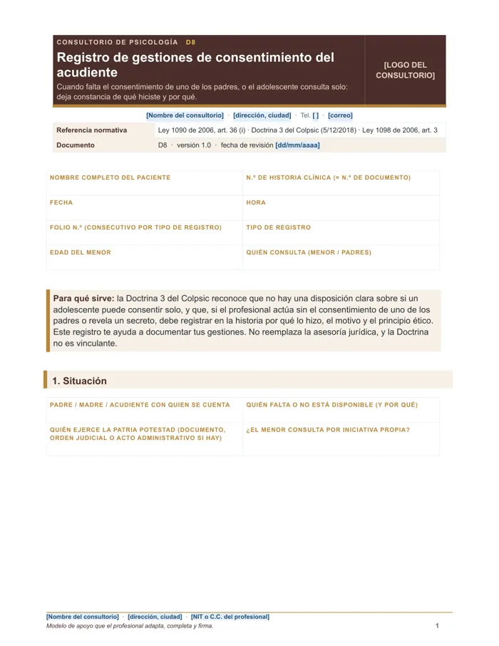 Registro de gestiones de consentimiento del acudiente (Word y PDF)