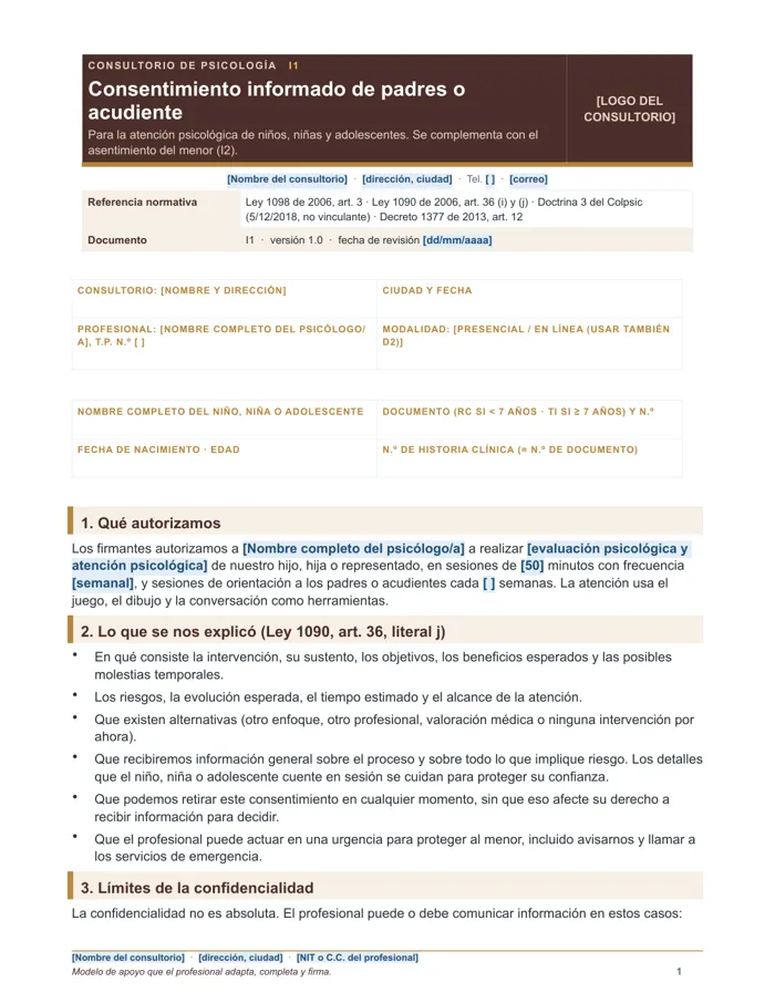 Consentimiento informado de padres o acudiente (Word y PDF)